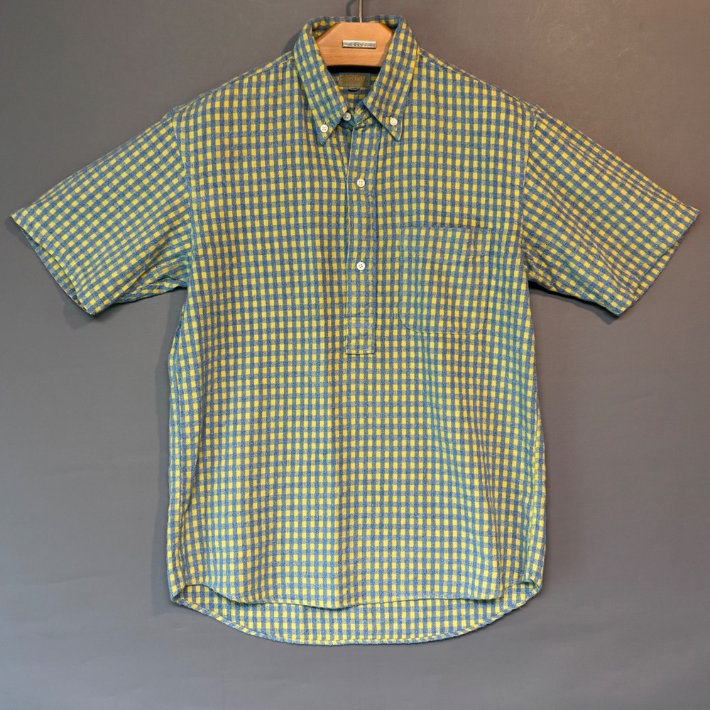 Sugar Cane Men Blue Yellow Gingham Textured Pullover Shirt Small Toyo Japan